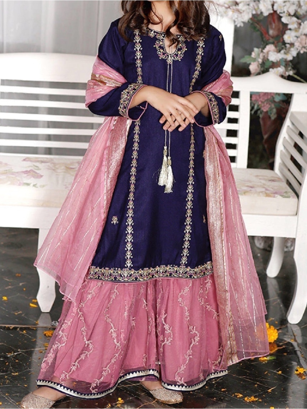 Blue and rose pink embroidered gharara 3 piece MOMMY AND ME